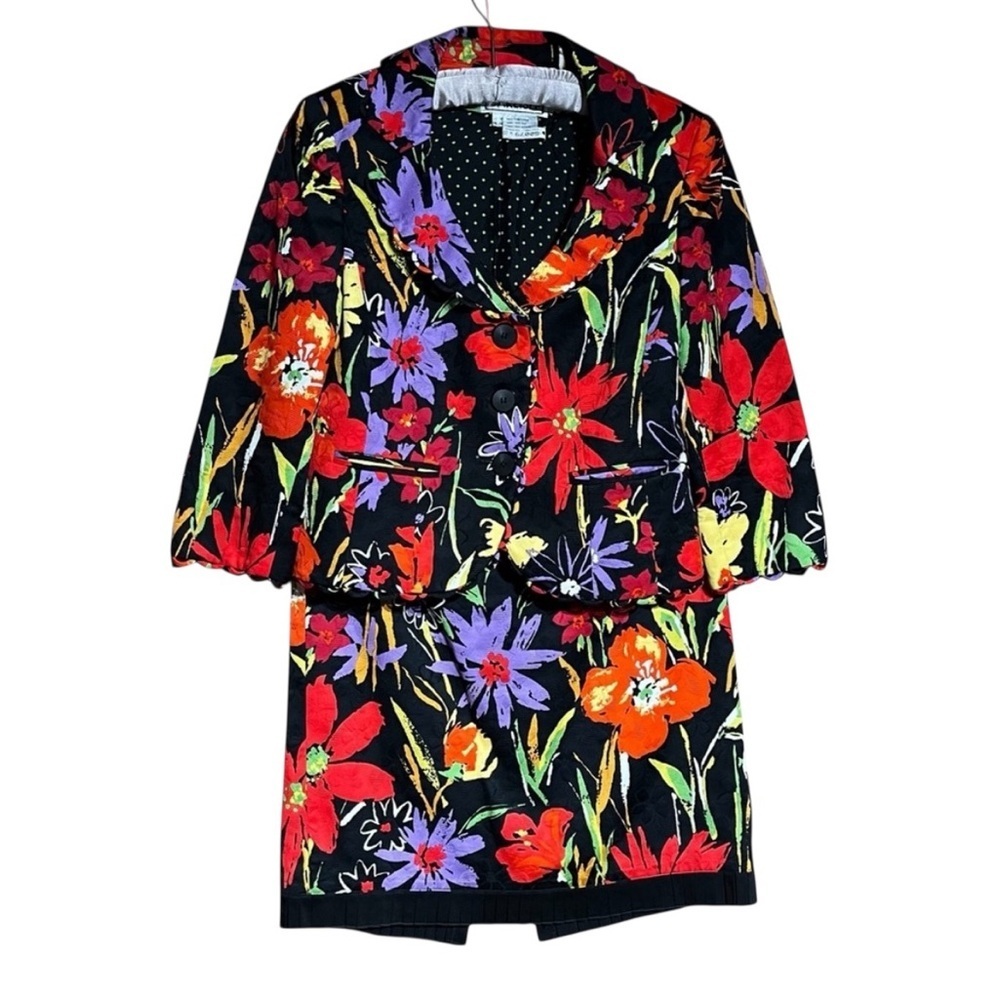 Vintage Carlisle 2 Piece Black with Multicolored Floral Blazer & Skirt Suit Set
